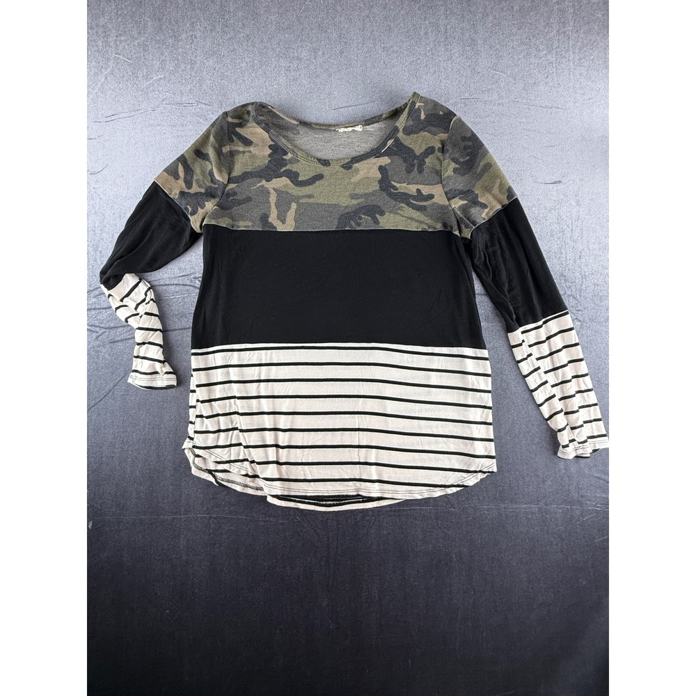 BiBi Womens Camo Stripe Colorblock Long Sleeve Top Small Black Green BT1246-01